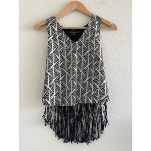 Boundary & Co Fringe Boho Top Small Black White Tribal Aztec High Low Festival